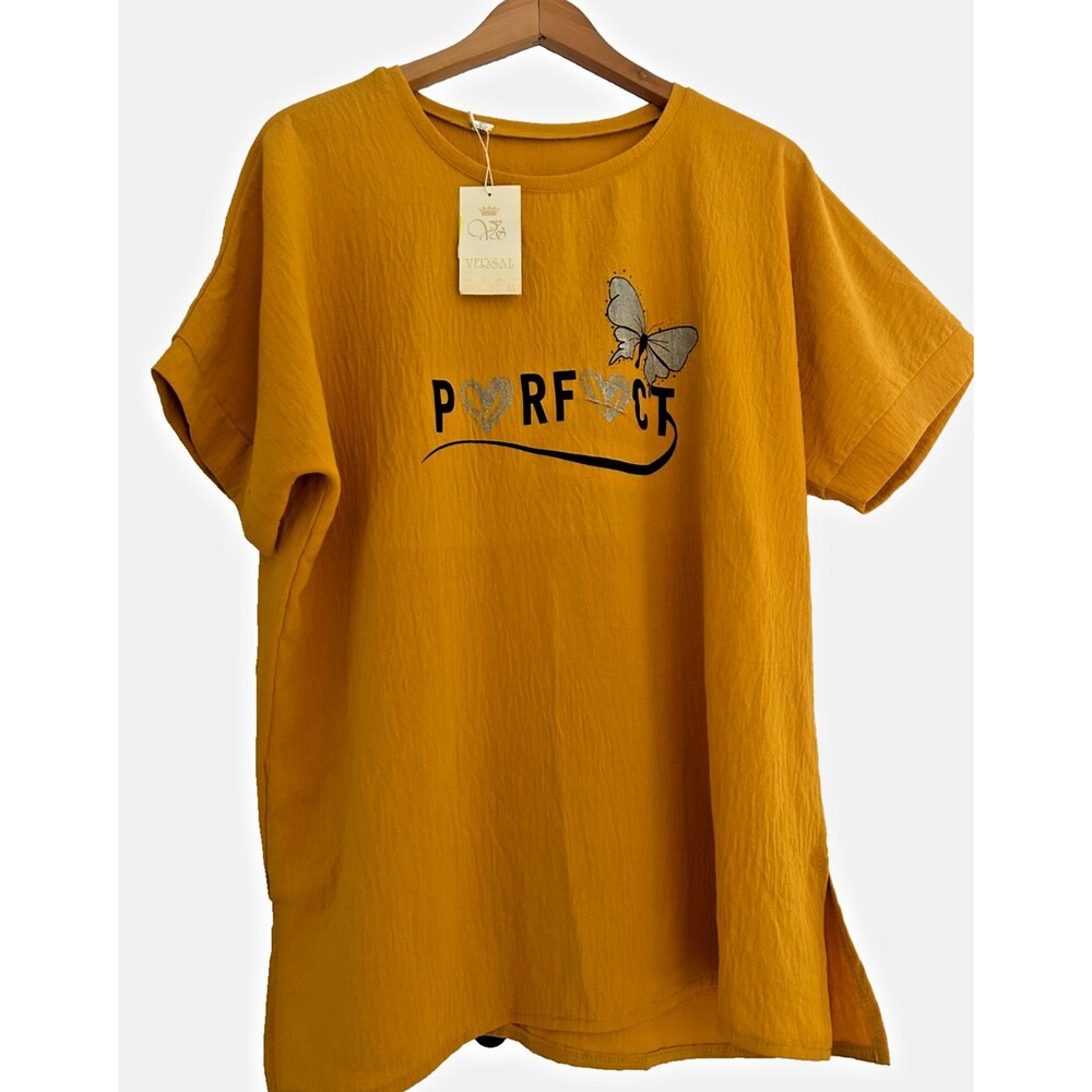 Womens XL Yellow Tunic Blouse Short Sleeve Pullover Butterfly Heart Perfect Top